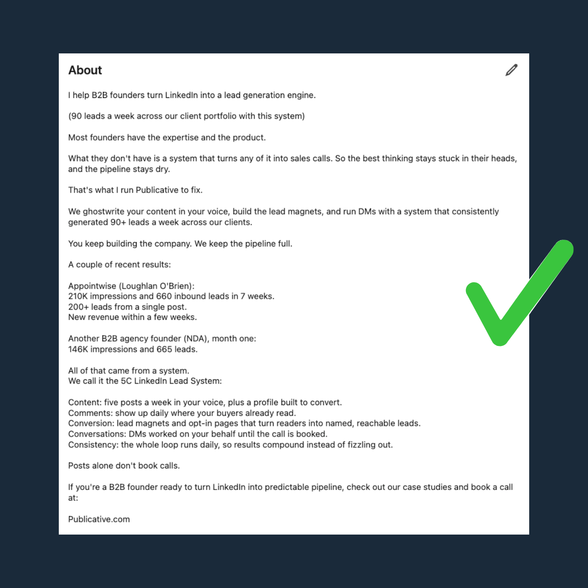 About section: problem-led opening, proof, and the 5C breakdown