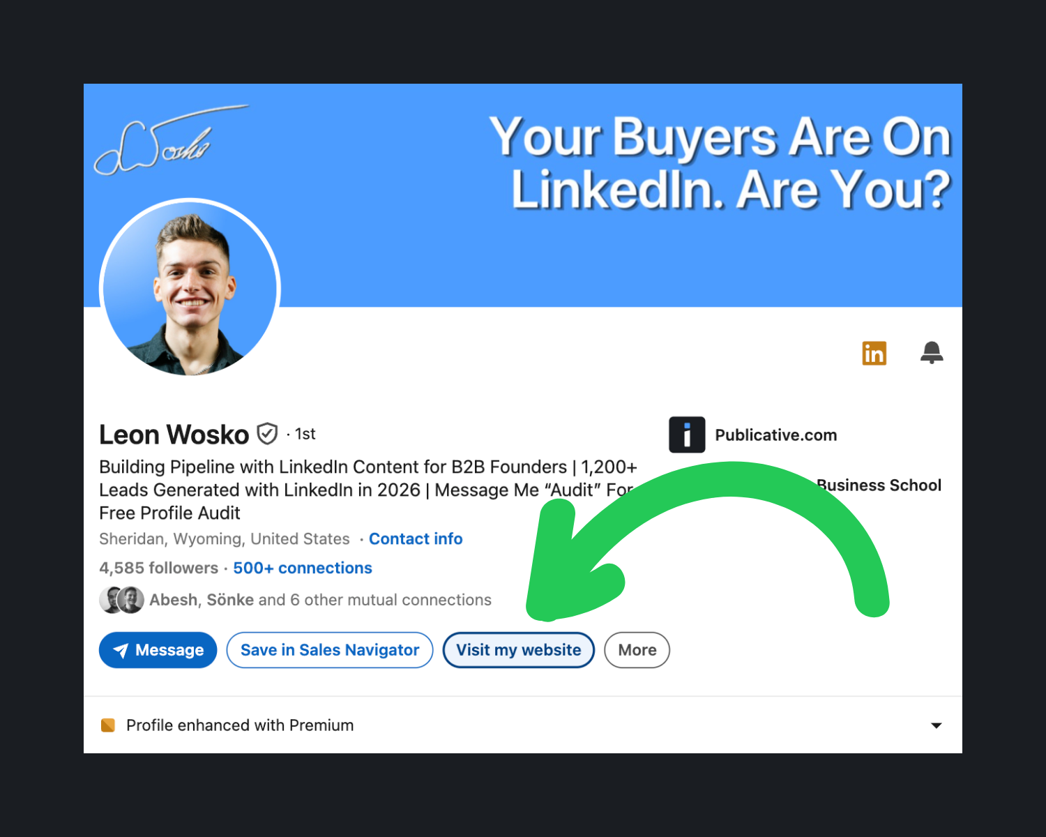 LinkedIn profile custom CTA button 'Visit my website' under the headline, with a banner arrow pointing to it