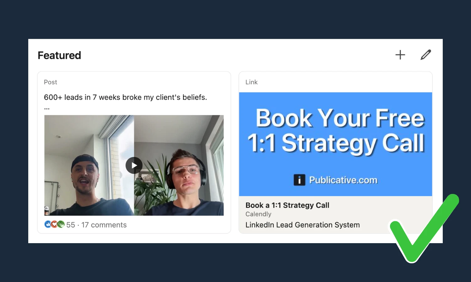 Featured section: a proof post plus a Calendly strategy-call link