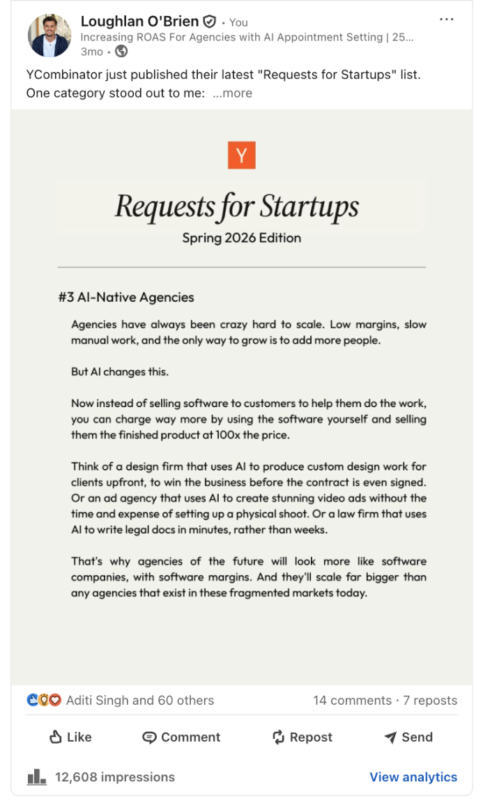 Thought leadership post: a take on YC's 'Requests for Startups' and AI-native agencies, 12,608 impressions