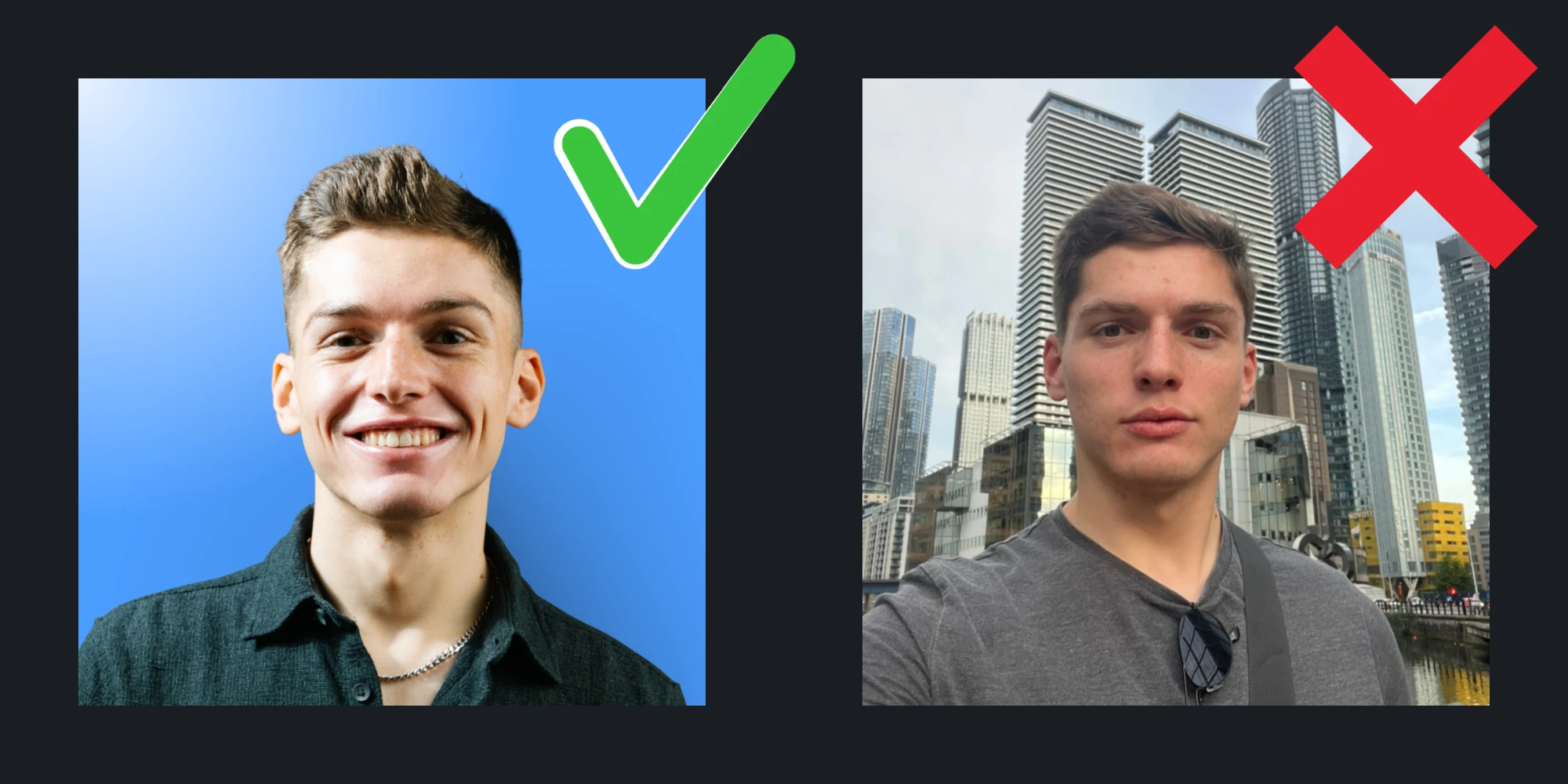 Profile photo: clear blue-background headshot (good) vs distant cityscape selfie (bad)